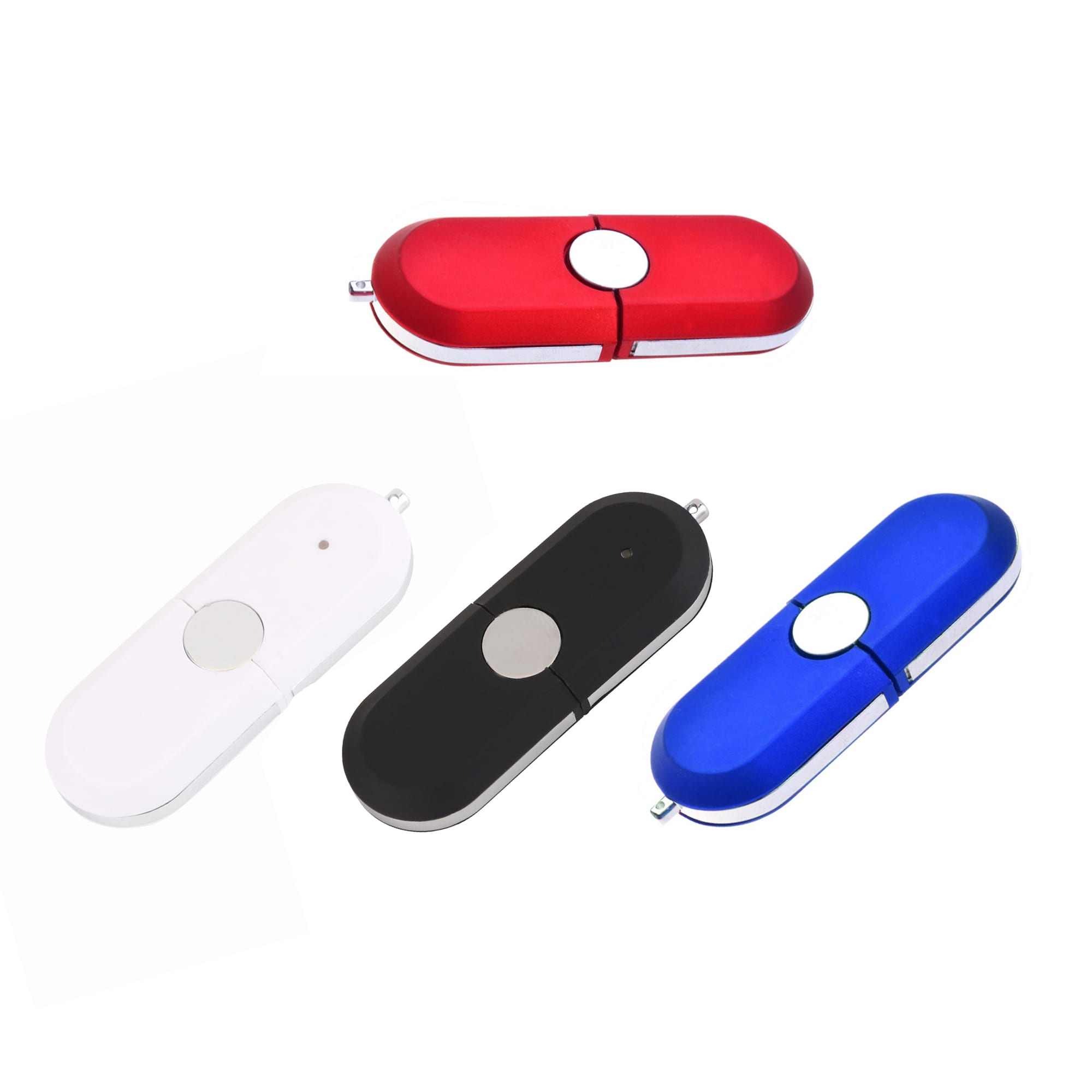 A collection of Tauris Flash Drives in red, white, black, and blue, featuring a sleek design and a branded logo. Tauris Flash Drive - Image 1