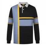 A long-sleeved sports jumper featuring a black, blue, and yellow geometric design with a collar and branding.