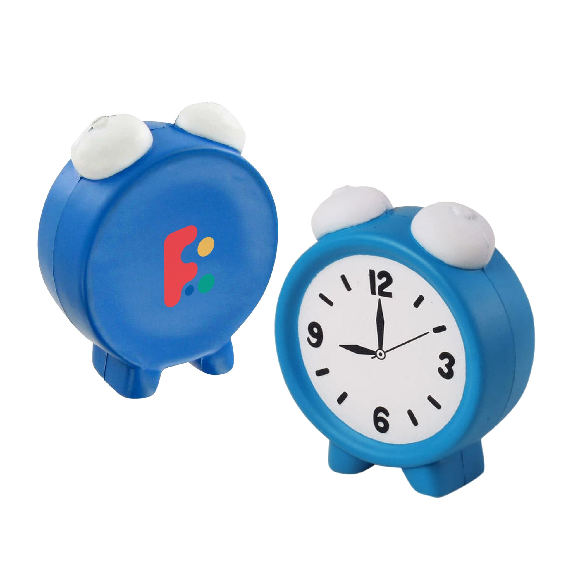 A blue alarm clock-shaped stress reliever with cartoonish eyes and a clock face, featuring a logo on one side. Alarm Clock Shape Stress Reliever - Image 1