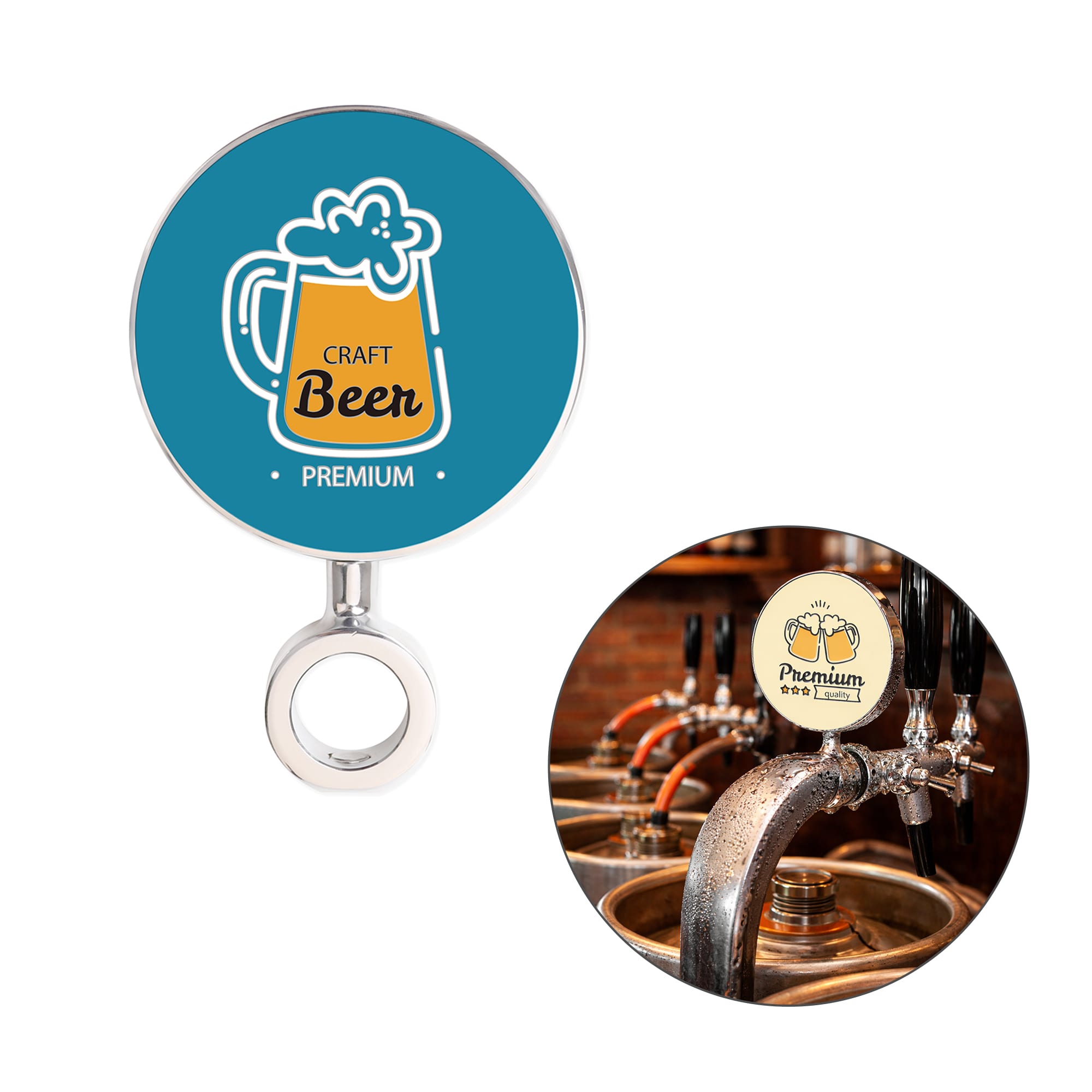 A circular beer tap badge featuring a stylised beer mug design in blue and white, attached to a silver fixture. Beer Tap Badges - Image 1