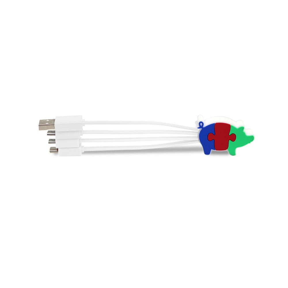 A custom PVC charging cable in white, featuring a colourful puzzle piece design and three connectors. Pvc Custom Cable - Image 1