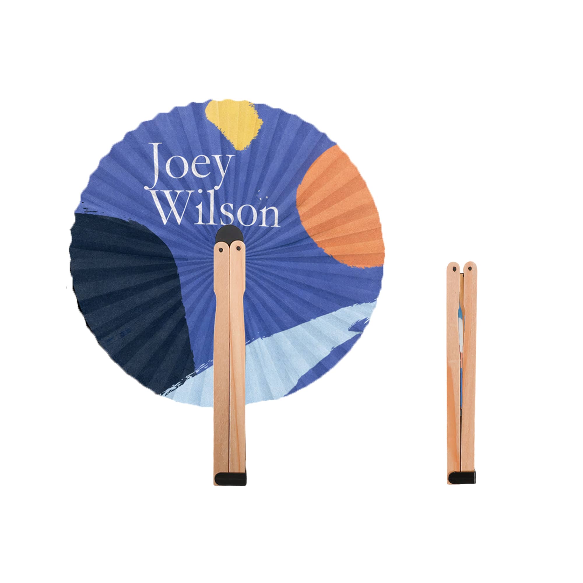A round wooden paper fan featuring a colourful abstract design with a wooden handle. It has a logo on the handle. Round Wooden Paper Fan - Image 1