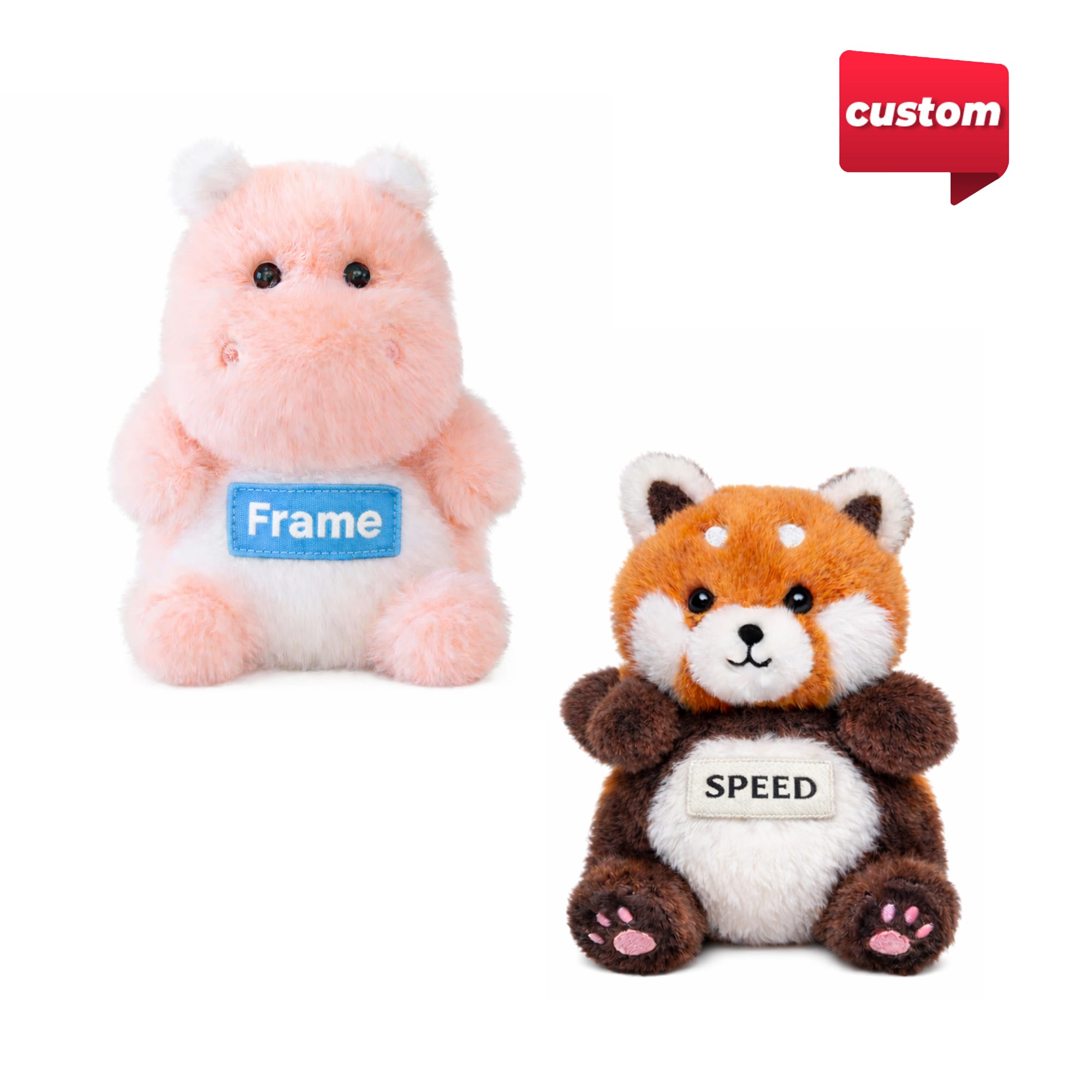 A pink hippo plush toy and a brown and orange red panda plush toy, both with labels, featuring soft fur. Custom Long Fur Plush Animal Toys - Image 1