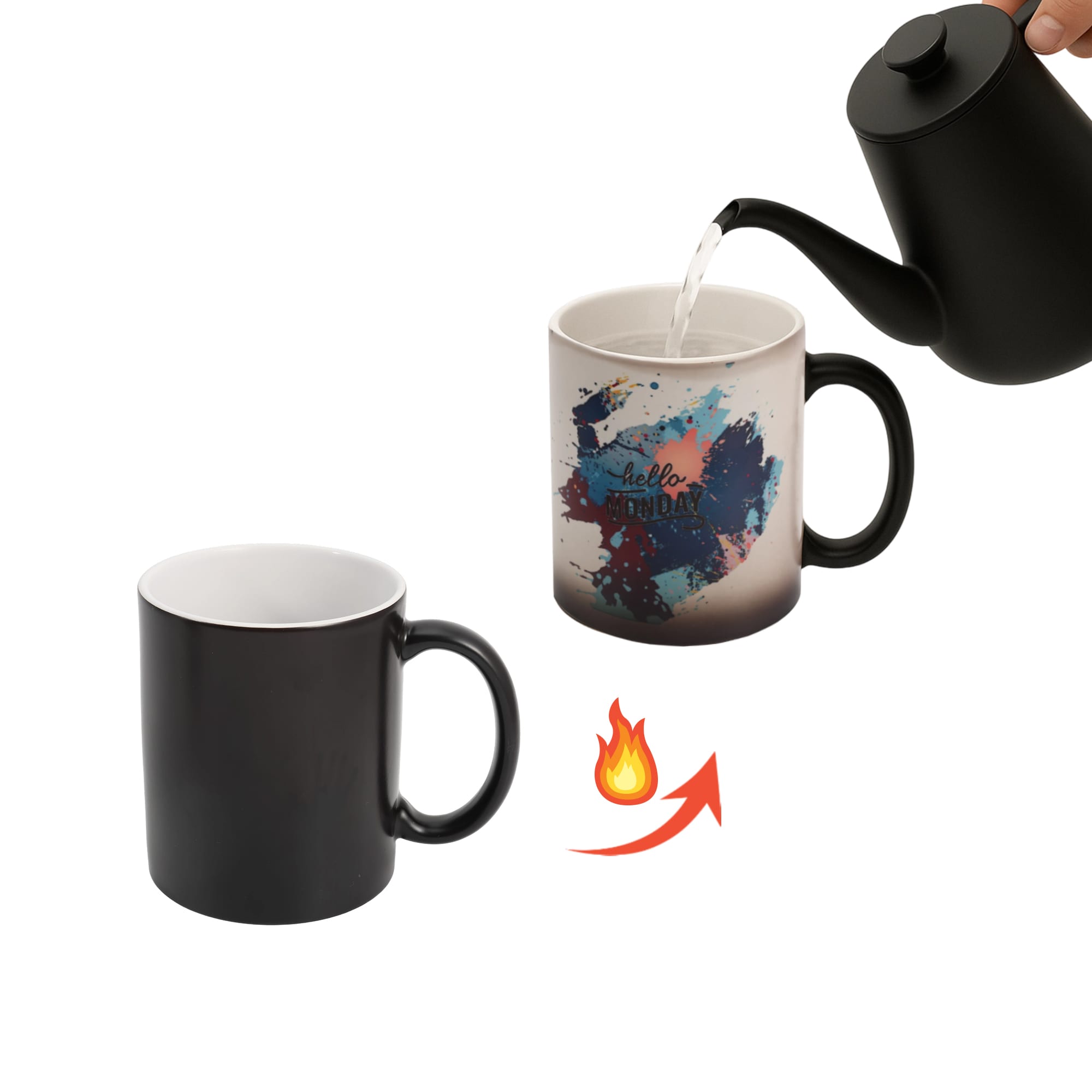 A black colour-changing mug, revealing a colourful design when hot liquid is poured in, with a hand pouring water. Thermos Reactive Colour Changing Mug - Image 1