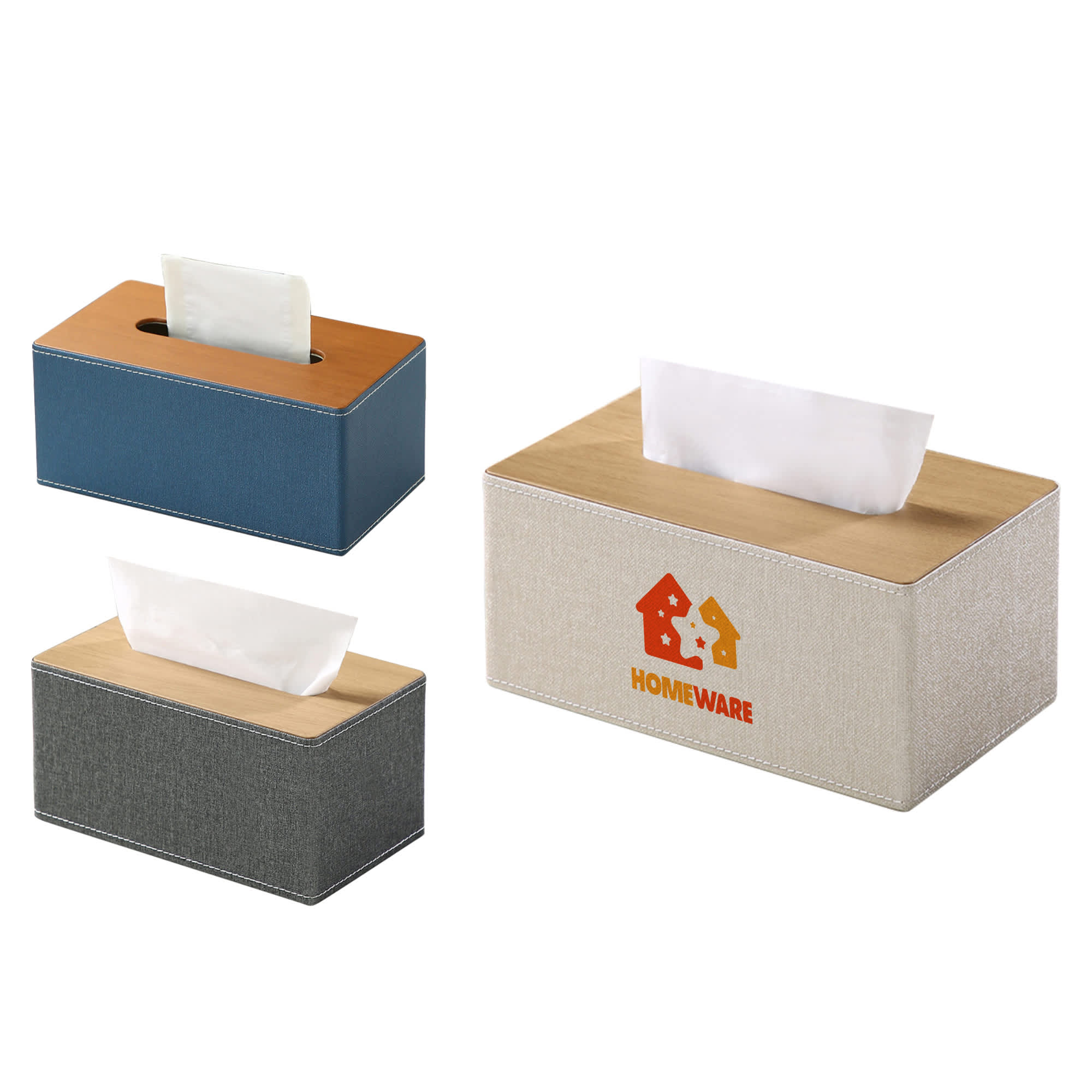 A large tissue box featuring a wooden top, available in blue, grey, and cream fabric. Includes a logo. Large Tissue Box - Image 1