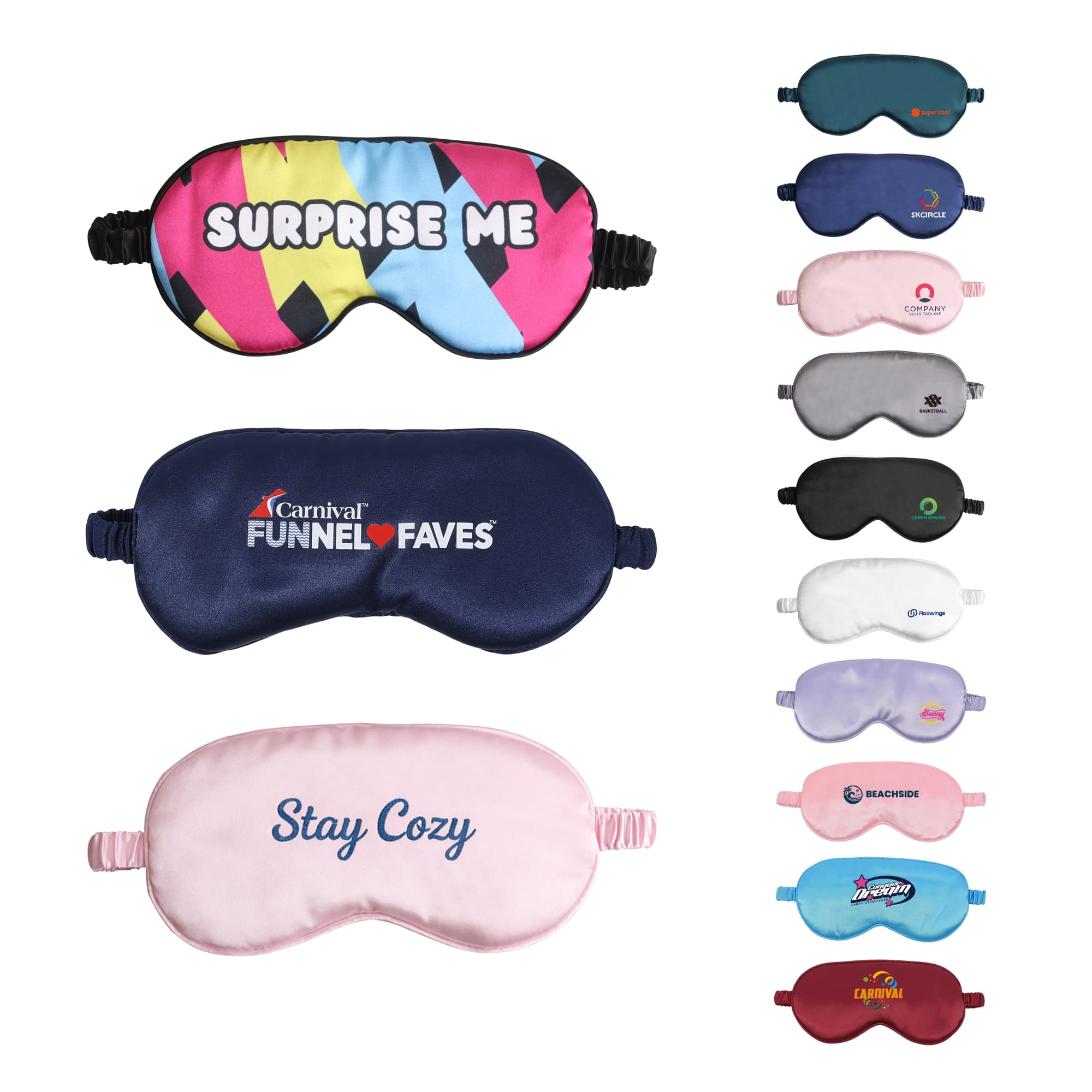 A collection of satin sleep masks in various colours, featuring different designs and a logo on some. Satin Sleep Mask - Image 1