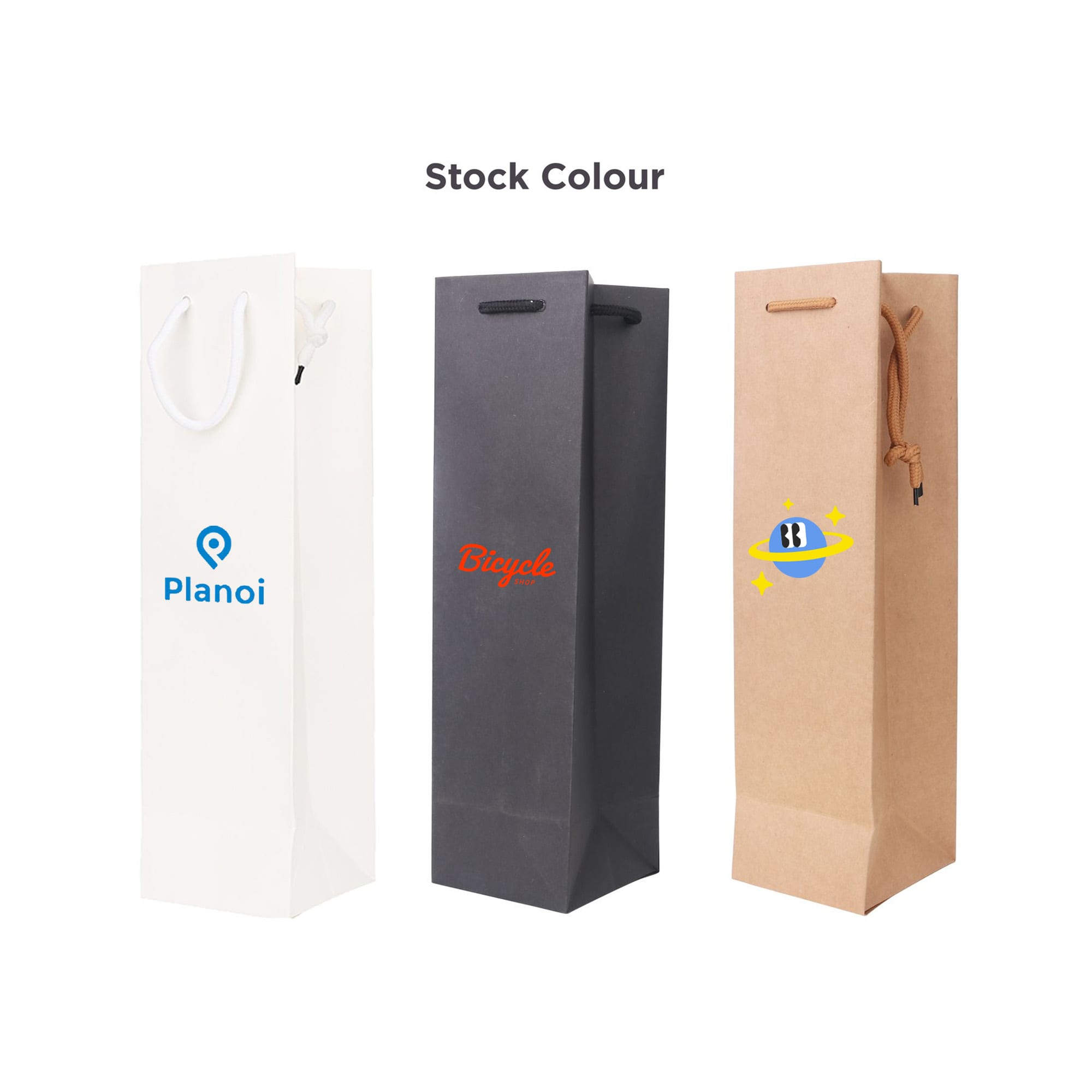 A wine bottle paper bag in white, grey, and brown with handles; features various logos on each design. Wine Bottle Paper Bag(100x360x100mm) - Image 1