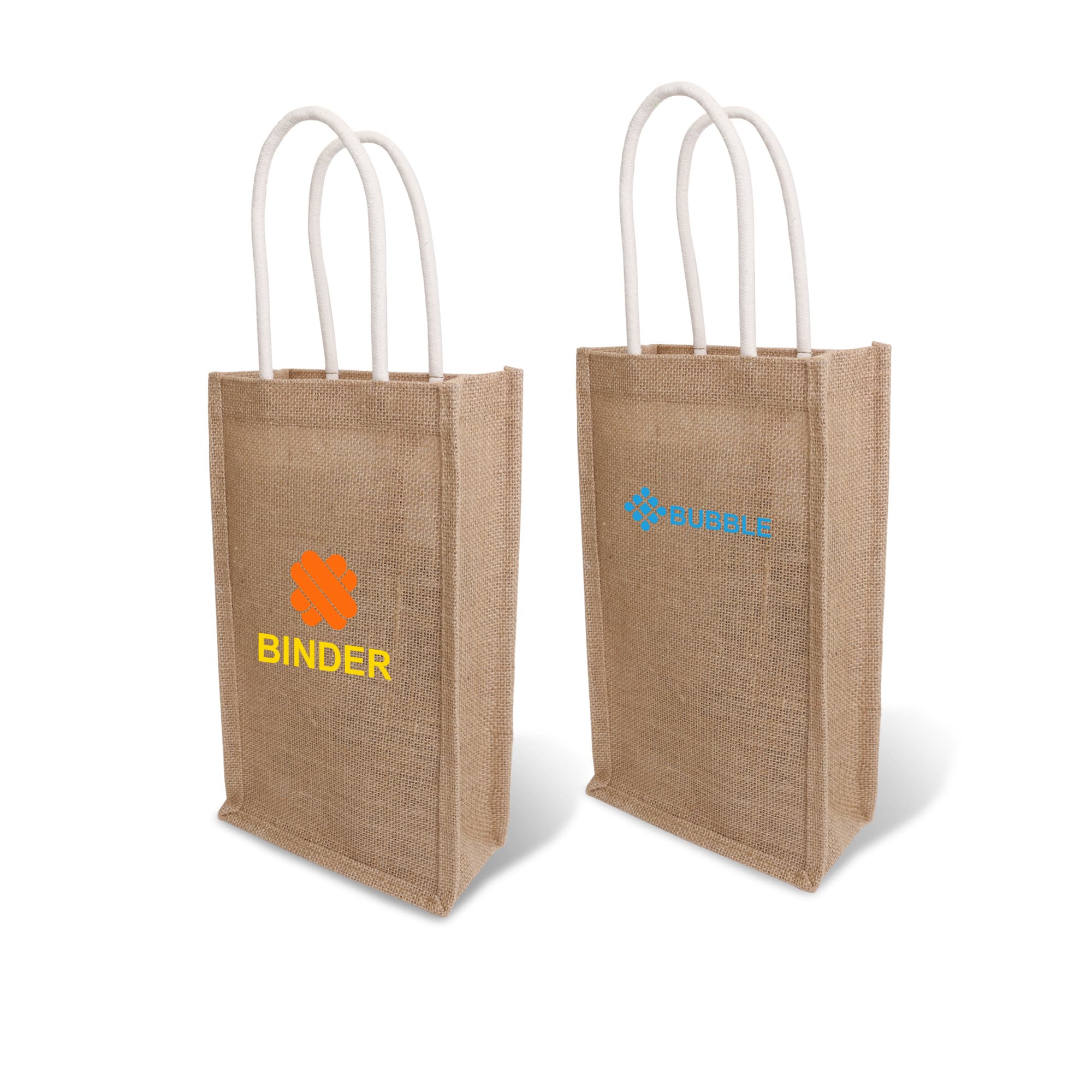 A jute double wine carrier in natural brown with two handles, featuring a logo on each side. Jute Double Wine Carrier - Image 1