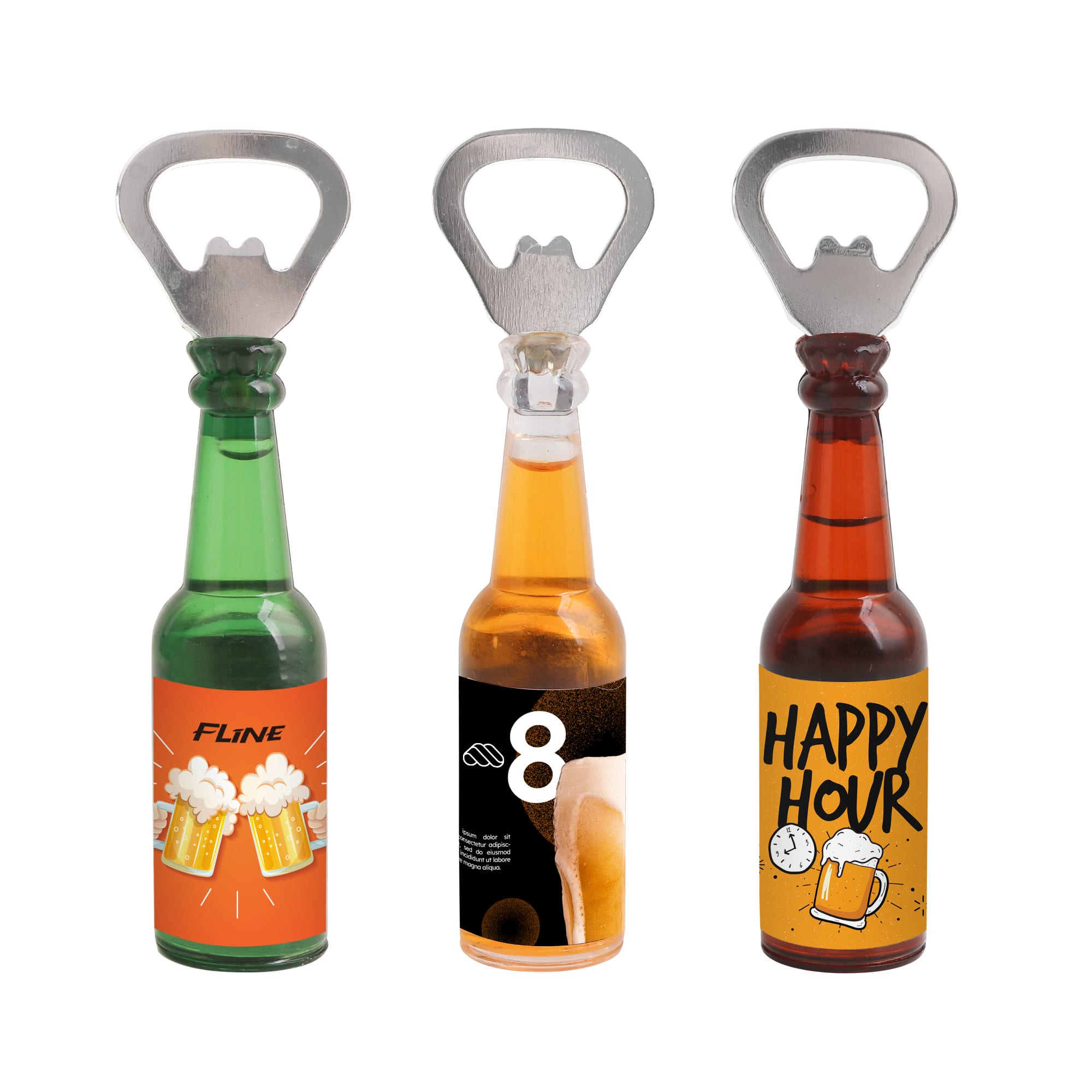 A drink bottle-shaped opener featuring green, amber, and brown designs, each with a bottle cap opener and a logo. Bottle Shaped Opener with Fridge Magnet - Image 1