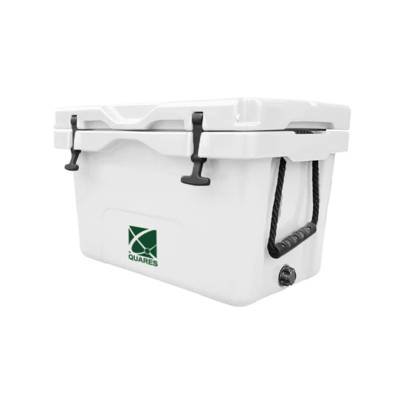 A white 35L cooler box featuring a logo, sturdy handles, and a drainage plug. 35L Cooler Box - Image 1