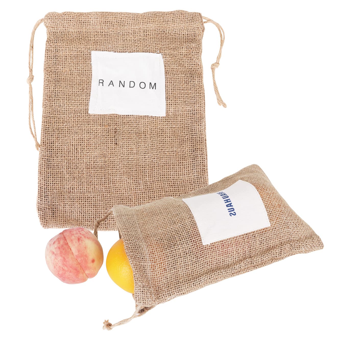 A jute net produce bag in natural brown, containing fruit, with a white label featuring text and a branding logo. Jute Net Produce Bag - Image 1