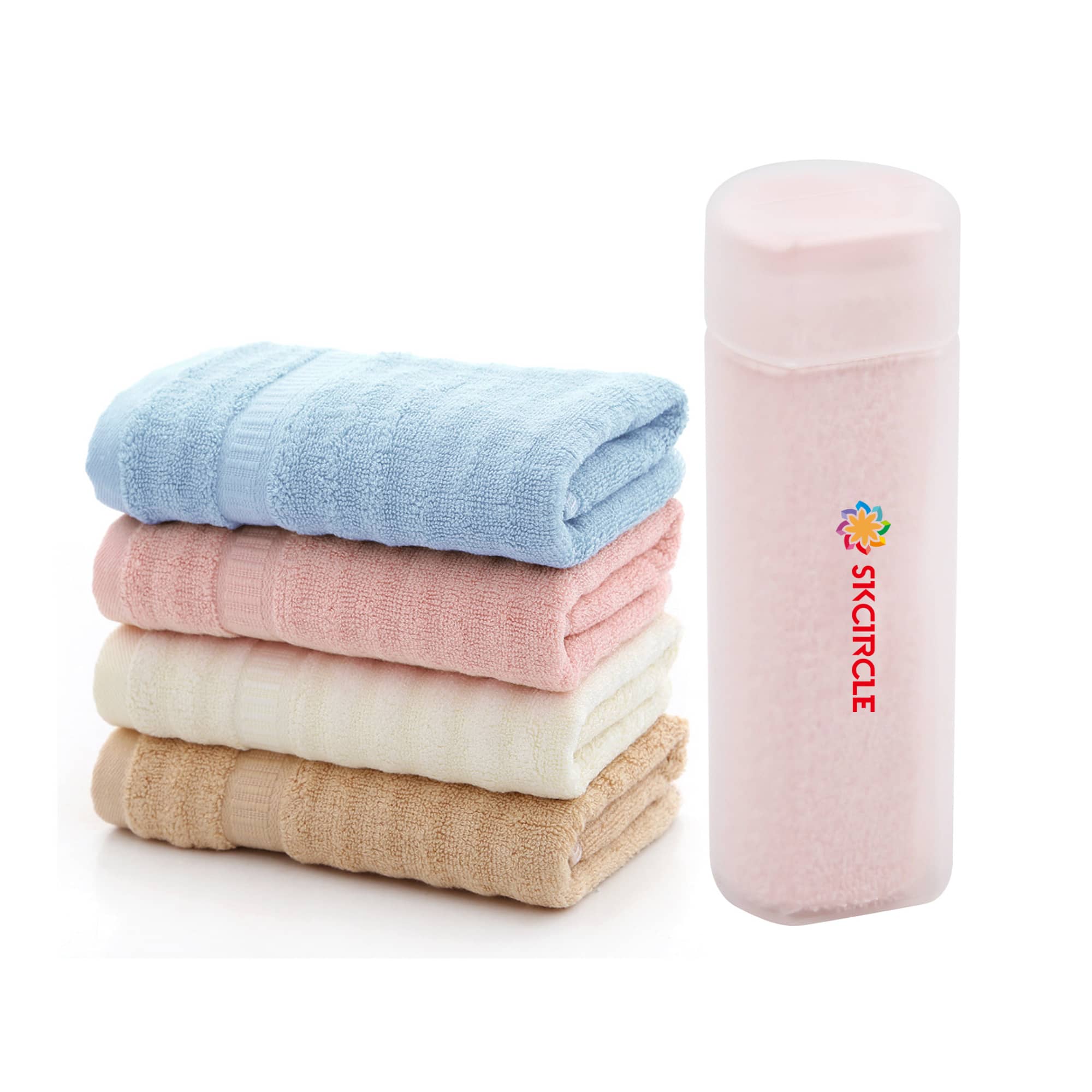 Bamboo fibre towels in blue, pink, cream, and beige stacked beside a translucent tube with a logo. Bamboo Fiber Towel With Tube - Image 1