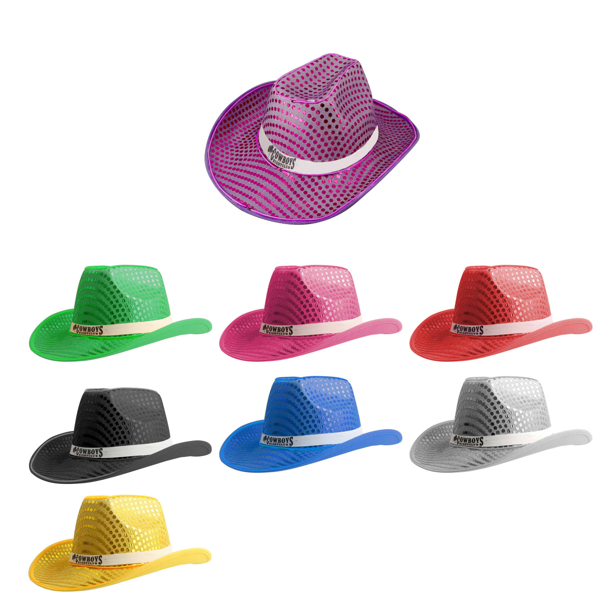 Light up sequin cowboy hats in purple, green, pink, black, blue, silver, and yellow, each featuring a logo. Light Up Sequin Cowboy Hats - Image 1