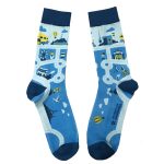 A pair of blue 3D printed dress socks featuring various colourful patterns and illustrations.