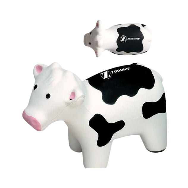 A milk cow-shaped stress reliever in white and black, featuring a logo on top. Milk Cow Shape Stress Reliever - Image 1