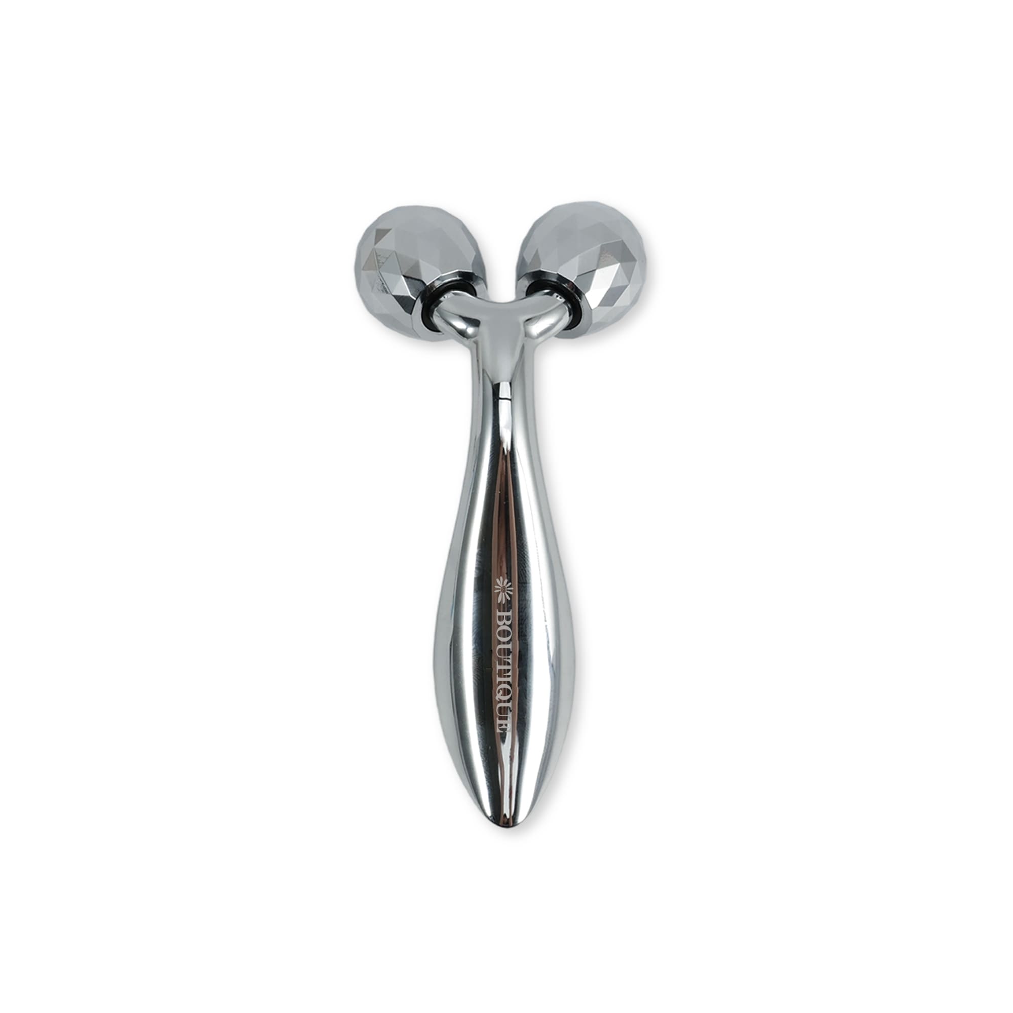 A silver facial roller with two textured heads, featuring a sleek design and a branding logo. Facial Roller - Image 1