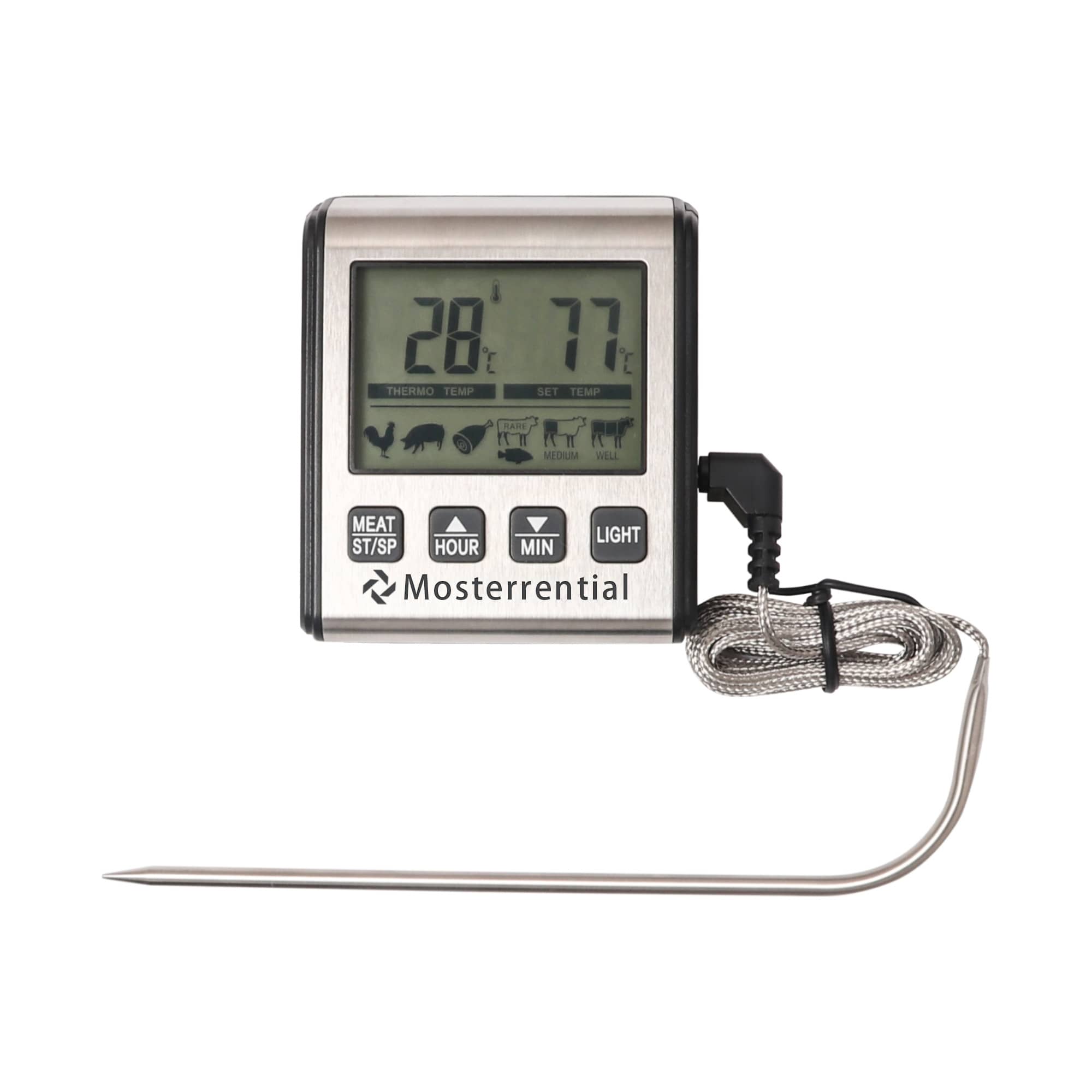 A digital oven thermometer with a large display, stainless steel casing, and a metal probe attached by a wire. Digital Oven Thermometer - Image 1