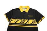 A black cotton Hawaiian shirt with yellow accents and a logo, featuring bold patterns on the sleeves.