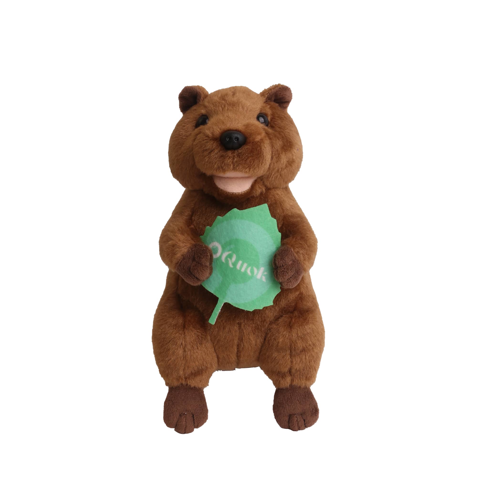 A brown quokka plush toy holding a green leaf, featuring a happy expression and soft texture. Custom Quokka Plush Toy - Image 1