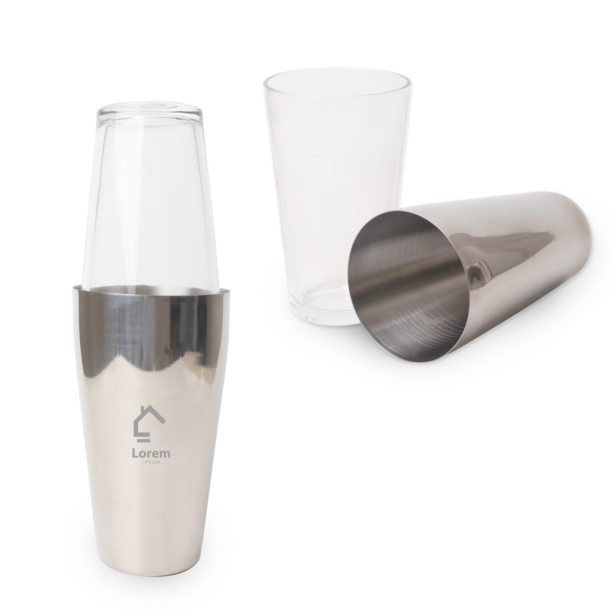 A cocktail shaker set featuring a stainless steel base, clear glass top, and a separate glass, branded with a logo. Boston Cocktail Shaker(450ml+750ml) - Image 1