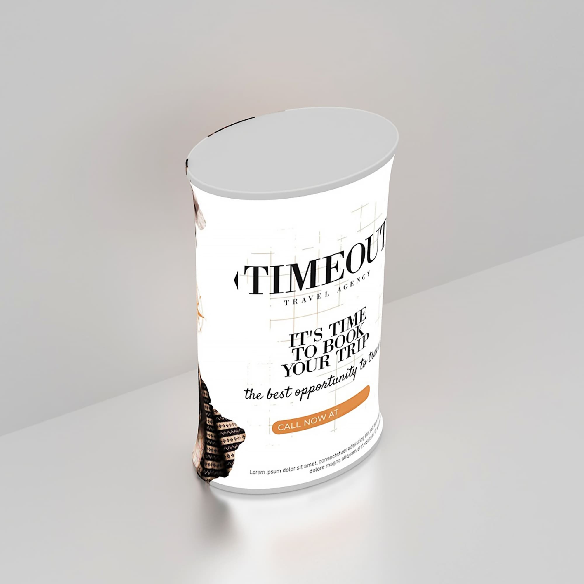A backlit oval display with a white base, featuring promotional text and a logo, suitable for exhibitions and events. Backlit LED Spring Up Display - Oval - Image 1