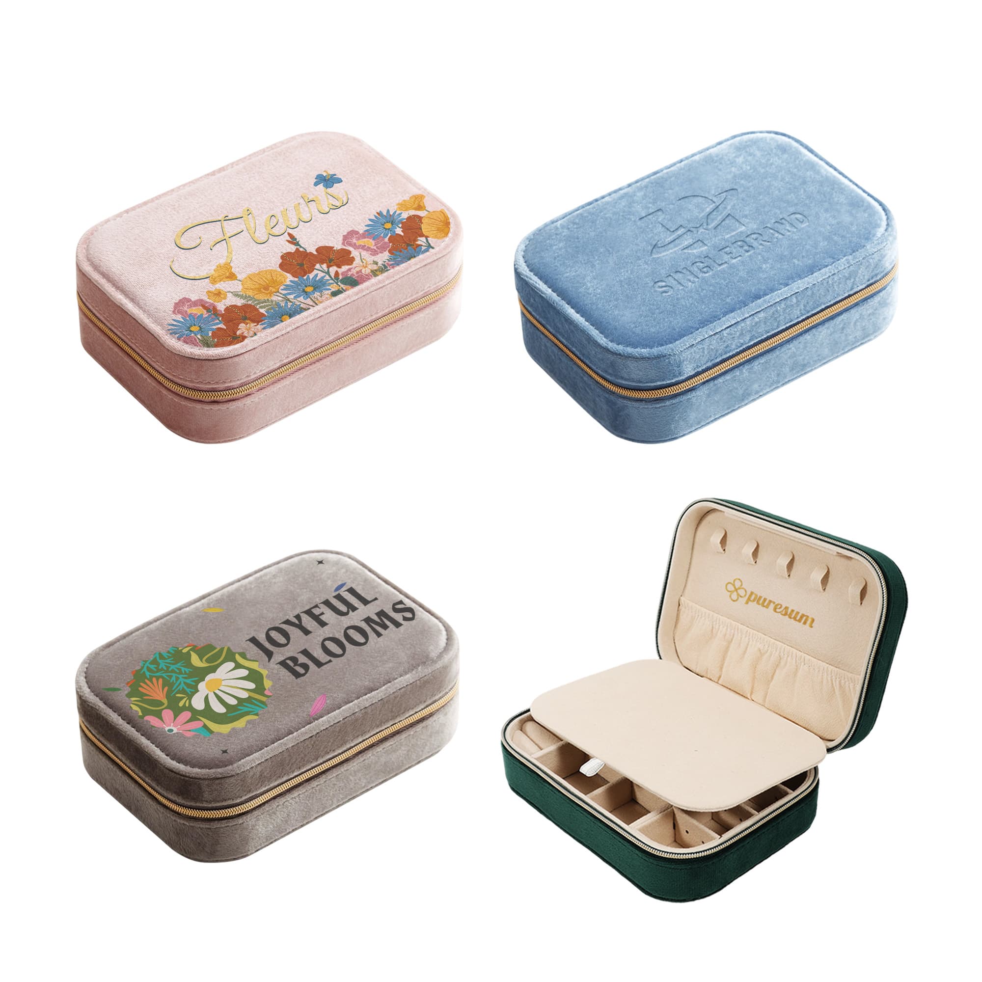 A collection of velvet jewellery boxes in pink, blue, grey, and green, featuring compartments and branding. Velvet Jewellery Box with Compartment - Image 1