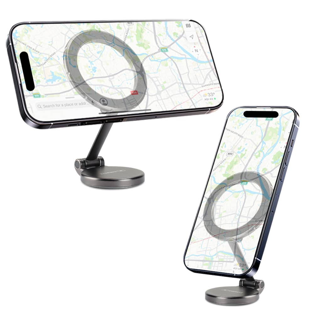 A magnetic car phone holder in black, displaying a smartphone mounted with a map on its screen. Sticky Magnetic Car Phone Holder - Image 1