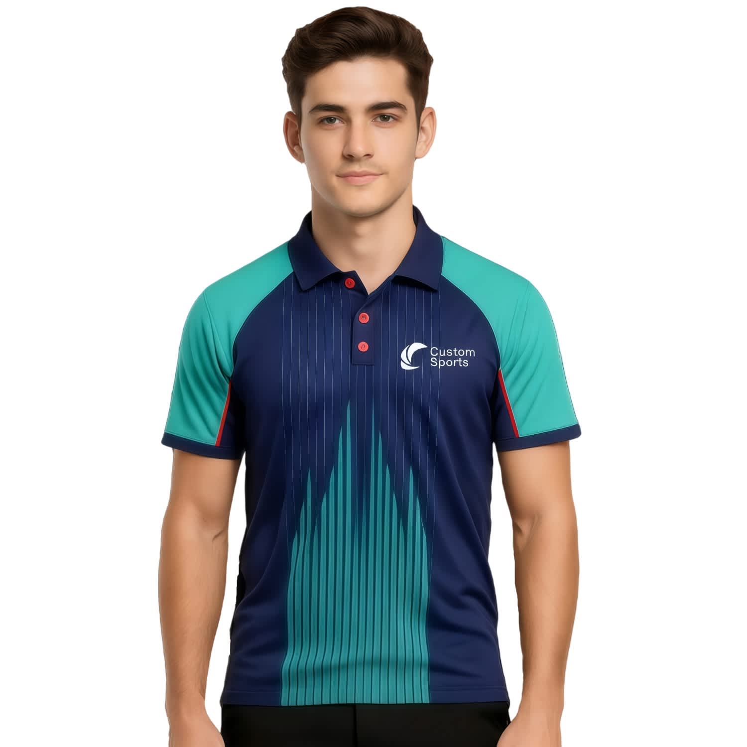 A navy and teal 100% polyester micro mesh raglan polo shirt featuring a logo and vertical pattern design. 100% Polyester Micro Mesh Sublimated Raglan POLO - Image 1