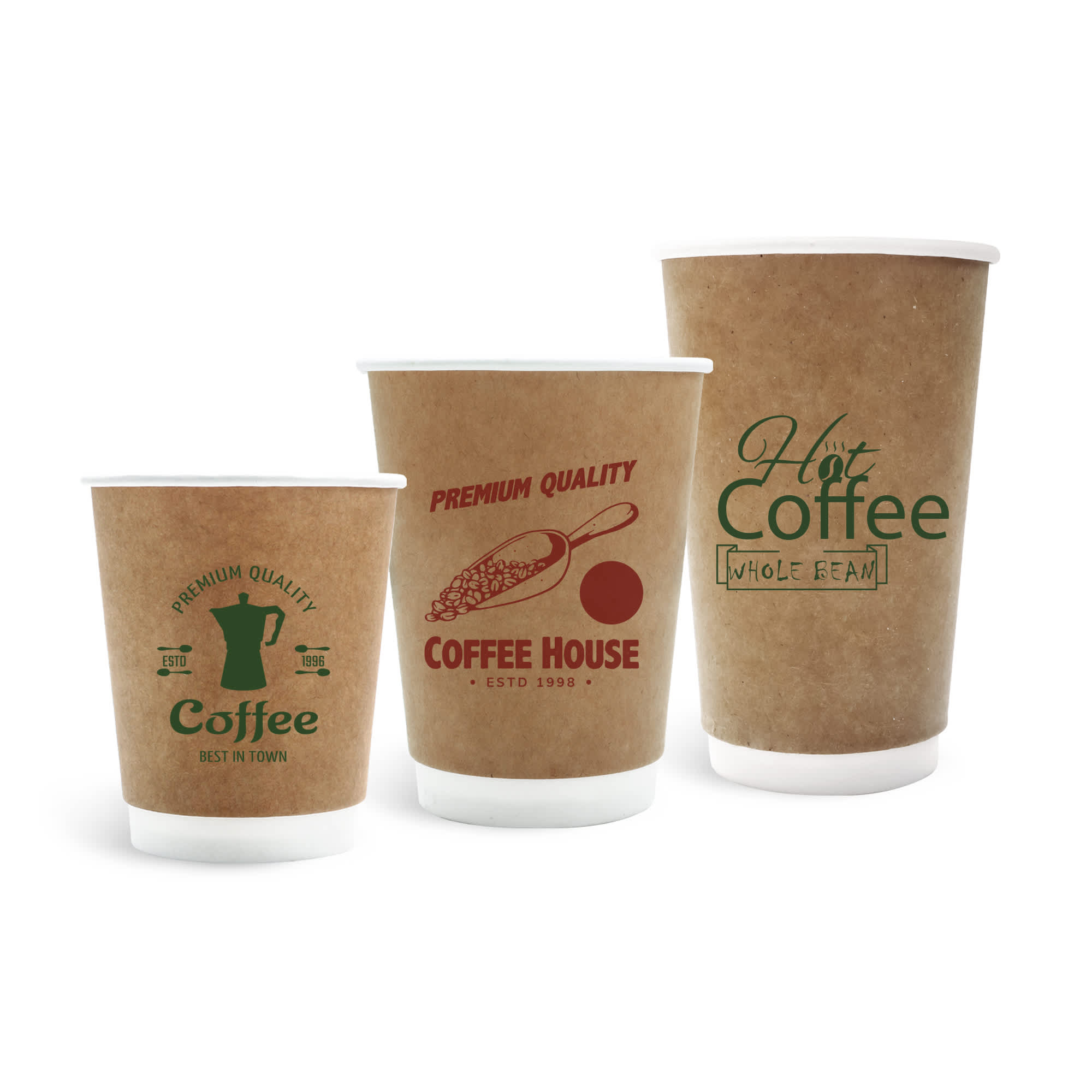 Three compostable kraft paper cups in various sizes, featuring printed designs in green and red on a brown background. PLA Double Wall Compostable Kraft Paper Cups - Image 1
