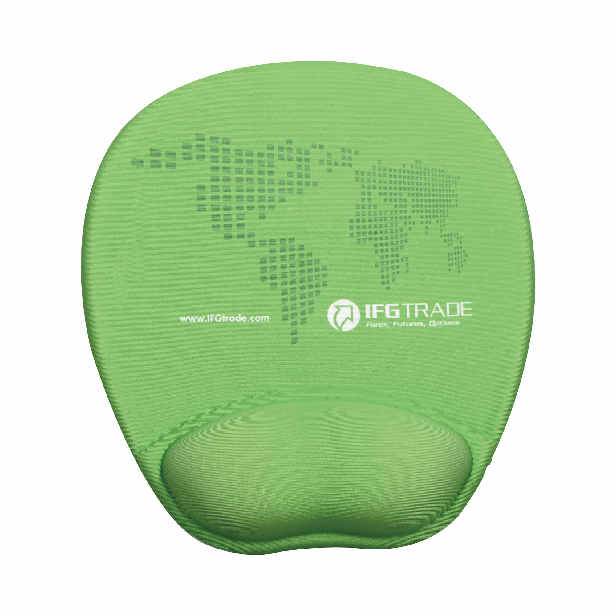 A green mouse mat featuring a padded wrist rest and a world map design in a dot pattern, with a logo. Pea Gel Pad - Image 1