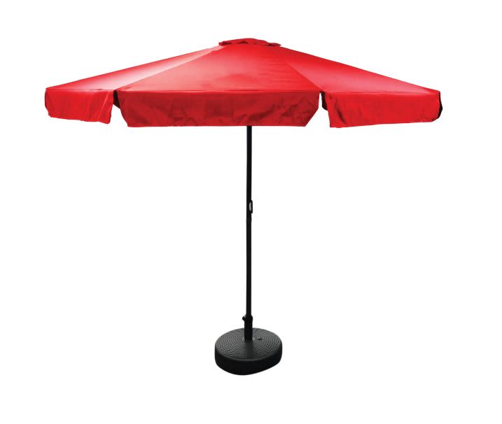 A red café umbrella with a black pole and base, measuring 3m x 3m, featuring a central opening mechanism. Café Umbrella Valance 3m x 3m - Image 1
