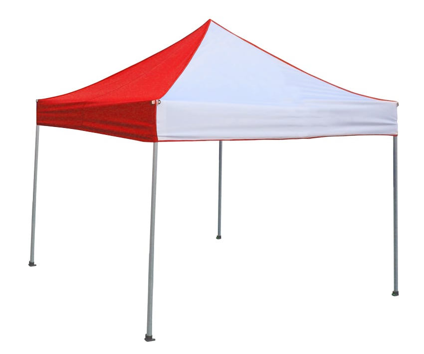 A red and white marquee tent with a 3m x 3m frame and four metallic legs, featuring a branding logo. Marquee 3m x 3m frame & canop - Image 1