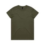 An olive green t-shirt featuring a round neckline and a branding label at the neckline.
