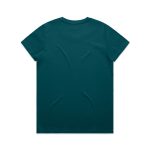 A teal t-shirt featuring a plain back design and a logo on the neckline area.