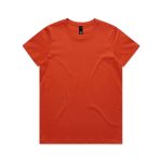 An orange t-shirt featuring a round neckline and short sleeves, with a label at the neck.