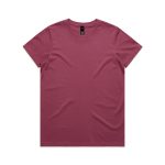 A maroon T-shirt featuring a simple design and a tag, suitable for casual wear.