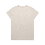 A beige T-shirt with a simple design and a logo on the back.