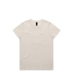 A plain beige t-shirt with short sleeves and a branding tag inside the collar.