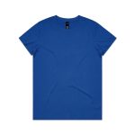 A blue T-shirt featuring a simple design and a logo on the label.