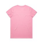 A pink t-shirt with a plain back and a circular neckline, featuring a logo.