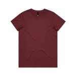 A maroon T-shirt with a crew neck and short sleeves, featuring a logo at the neckline.