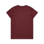 A maroon T-shirt with a simple design, featuring a branded logo on the back.