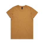 A short-sleeved, mustard yellow T-shirt with a simple design and a small logo on the tag.