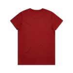 A red T-shirt with a plain back, featuring a logo on the neckline.
