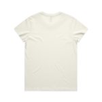 A plain cream-coloured t-shirt with short sleeves and a round neckline, featuring a logo on the back.