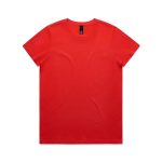 A red t-shirt with a round neckline and short sleeves, featuring a logo on the label.