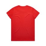 A red T-shirt with a round neckline and short sleeves, featuring a logo on the back.
