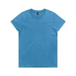A blue t-shirt with a crew neck and short sleeves, featuring a branding label.