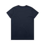 A navy blue t-shirt featuring a plain back design and a logo on the neck area.
