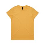 A plain yellow T-shirt with a round neckline and short sleeves, featuring a logo on the tag inside.